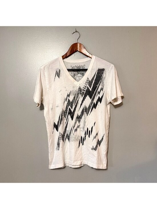 Express Other - Y2K Express Mens Graphic V-Neck T-Shirt White Lightning Bolt Skull Design Small